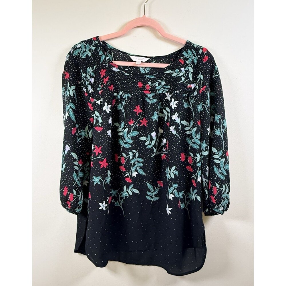 LC Lauren Conrad Womens Black Floral Chiffon Round Neck 3/4 Sleeve Blouse XL